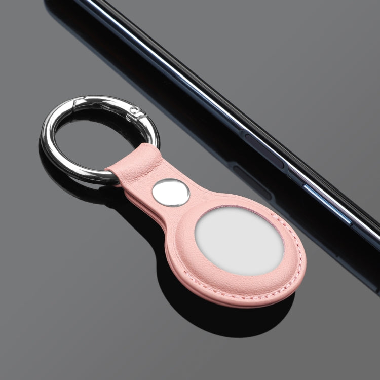Anti-scratch Top-layer Cowhide Leather Case Cover with Switchable Keychain Ring for AirTag(Rose Pink)