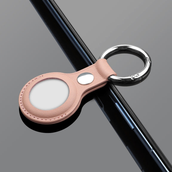 Anti-scratch Top-layer Cowhide Leather Case Cover with Switchable Keychain Ring for AirTag(Rose Pink)