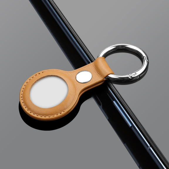 Anti-scratch Top-layer Cowhide Leather Case Cover with Switchable Keychain Ring for AirTag(Light Brown)