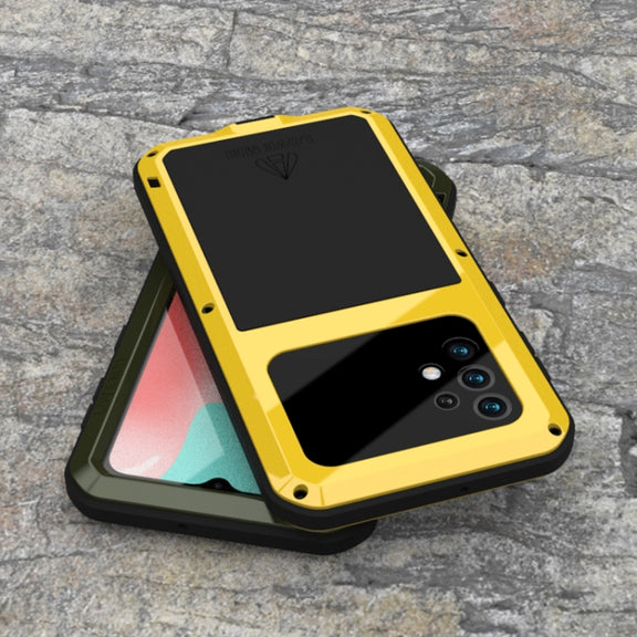 For Samsung Galaxy A32 5G LOVE MEI Metal Shockproof Water-resistant Dustproof Protective Case with Glass(Yellow)