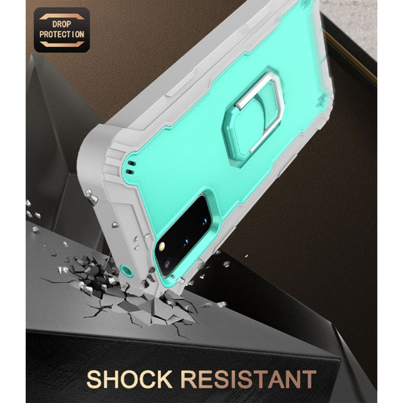 For Samsung Galaxy S20 FE / FE 5G PC + Rubber 3-layers Shockproof Protective Case with Rotating Holder(Grey White + Mint Green)