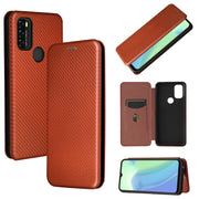 For Blackview A70 (2021) Carbon Fiber Texture Horizontal Flip TPU + PC + PU Leather Case with Card Slot(Brown)