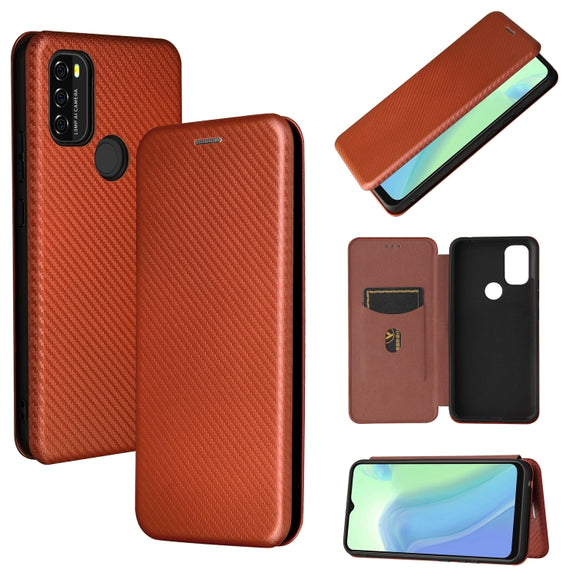 For Blackview A70 (2021) Carbon Fiber Texture Horizontal Flip TPU + PC + PU Leather Case with Card Slot(Brown)