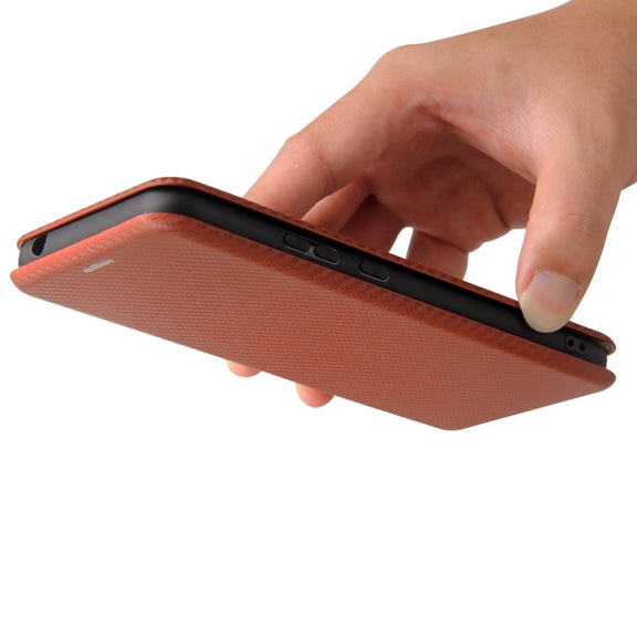 For Blackview A70 (2021) Carbon Fiber Texture Horizontal Flip TPU + PC + PU Leather Case with Card Slot(Brown)