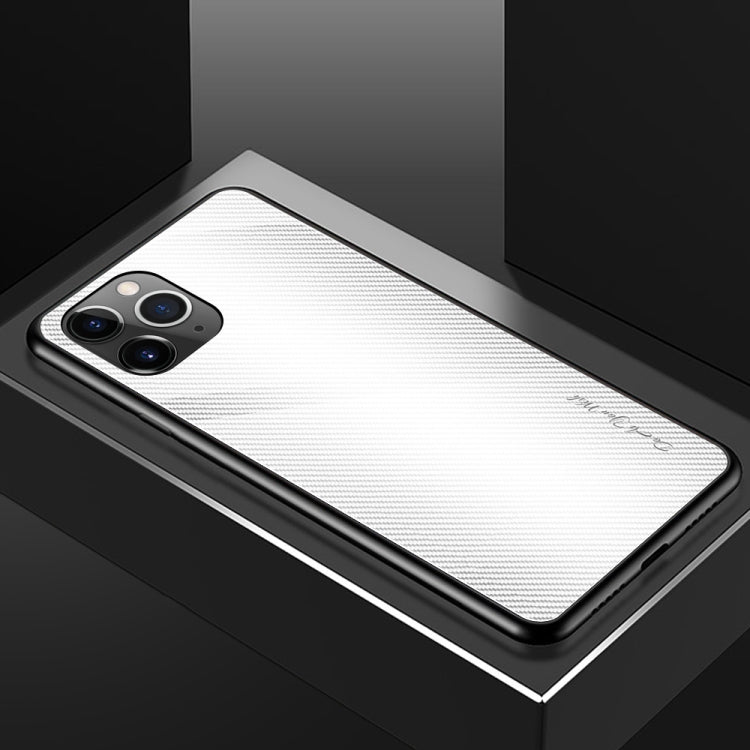 For iPhone 11 Pro Max Carbon Fiber Texture Gradient Color Glass Case(White)