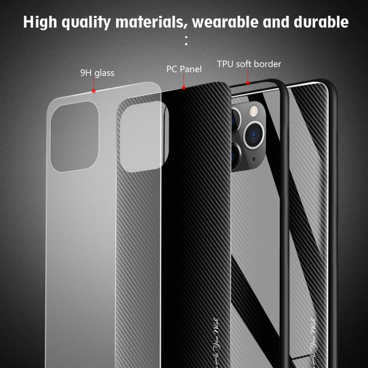 For iPhone 11 Pro Max Carbon Fiber Texture Gradient Color Glass Case(White)