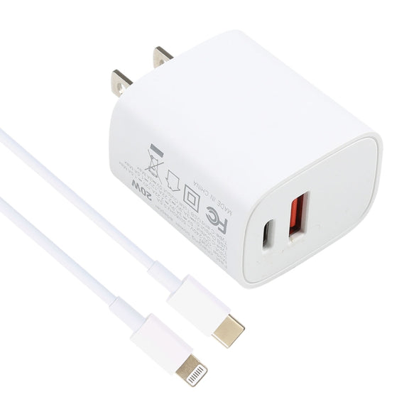 U087 20W USB-C / Type-C + USB Ports Charger with 100W Type-C to 8 Pin Fast Charging Cable 2m, US Plug