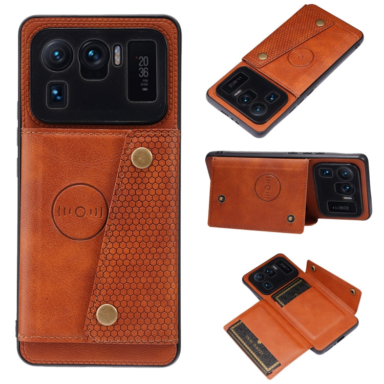 For Xiaomi Mi 11 Ultra Double Buckle PU + TPU Shockproof Magnetic Protective Case with Card Slot & Holder(Light Brown)