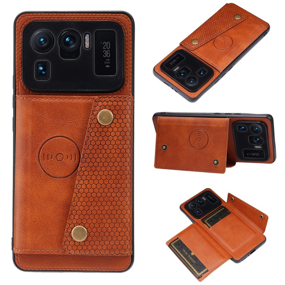 For Xiaomi Mi 11 Ultra Double Buckle PU + TPU Shockproof Magnetic Protective Case with Card Slot & Holder(Light Brown)