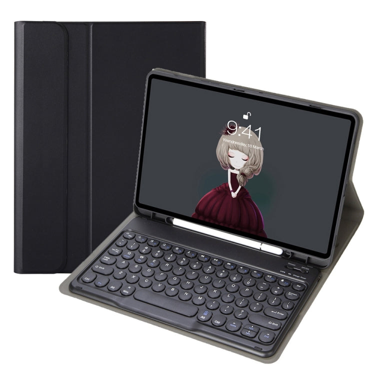 YA11B 2021 Detachable Lambskin Texture Round Keycap Bluetooth Keyboard Leather Tablet Case with Pen Slot & Stand For iPad Pro 11 (2021)(Black)