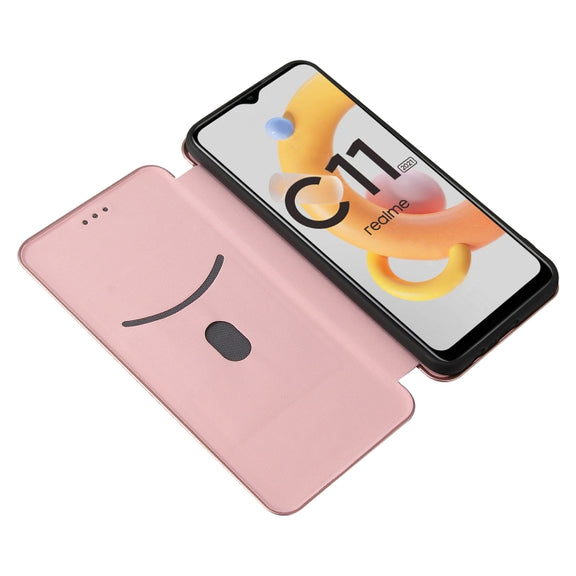 For OPPO Realme C11 2021 Carbon Fiber Texture Horizontal Flip TPU + PC + PU Leather Case with Card Slot(Pink)