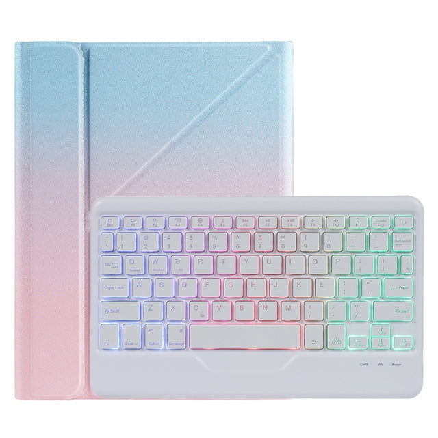 B07S Splittable Backlight Bluetooth Keyboard Leather Tablet Case with Triangle Holder & Pen Slot For iPad 9.7 2018 & 2017 / Pro 9.7 / Air 2(Gradient Blue Pink)