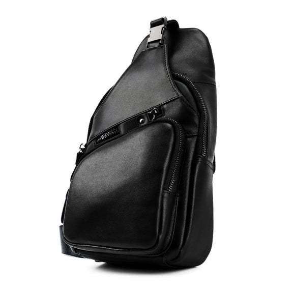Men Leather Chest Bag Retro Shoulder Bag(Black)