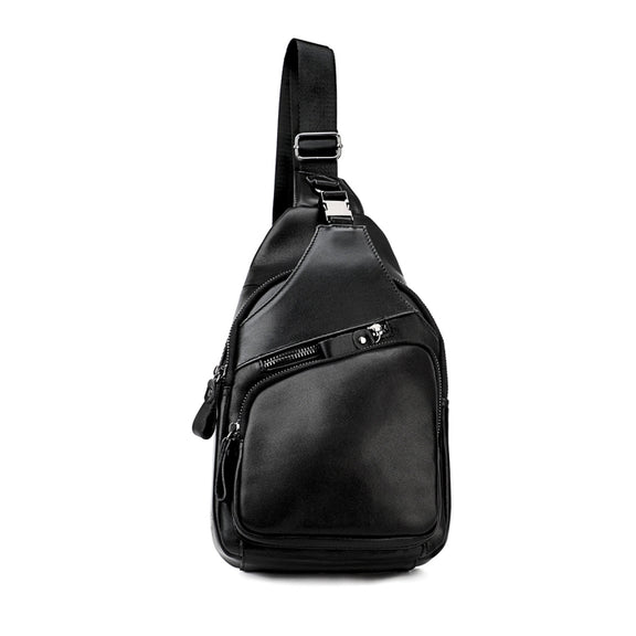 Men Leather Chest Bag Retro Shoulder Bag(Black)