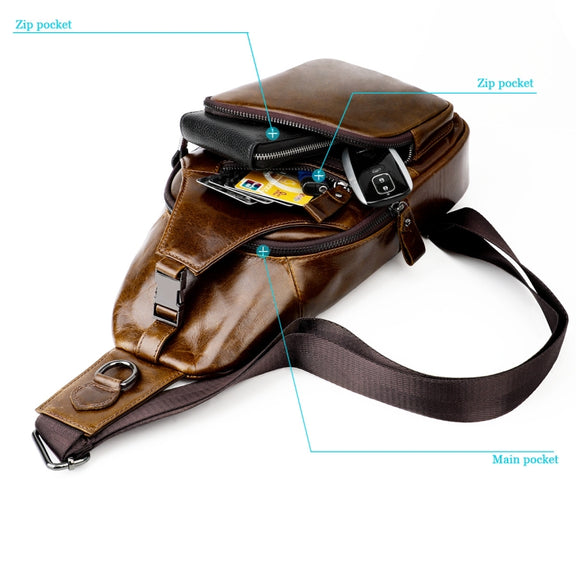 Men Leather Chest Bag Retro Shoulder Bag(Coffee)