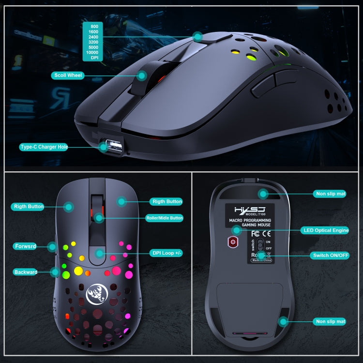 HXSJ T100 10000 DPI RGB Macro Definition Wired Wireless Dual-mode Mouse(Black)