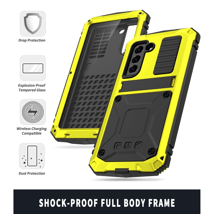 For Samsung Galaxy S21 FE R-JUST Shockproof Water-resistant Dust-proof Metal + Silicone Protective Case with Holder(Yellow)