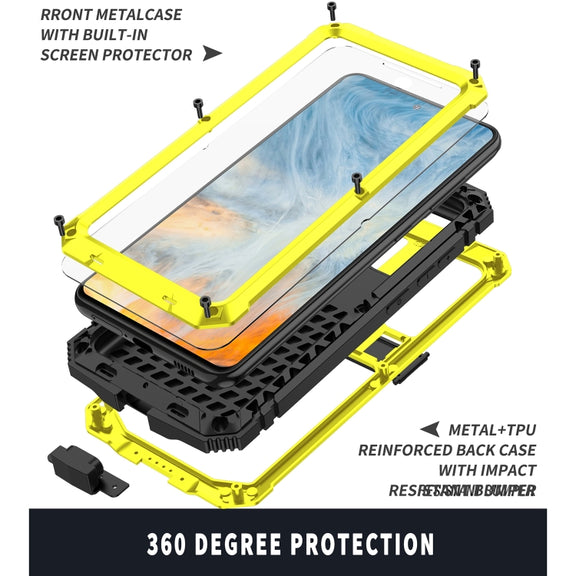 For Samsung Galaxy S21 FE R-JUST Shockproof Water-resistant Dust-proof Metal + Silicone Protective Case with Holder(Yellow)