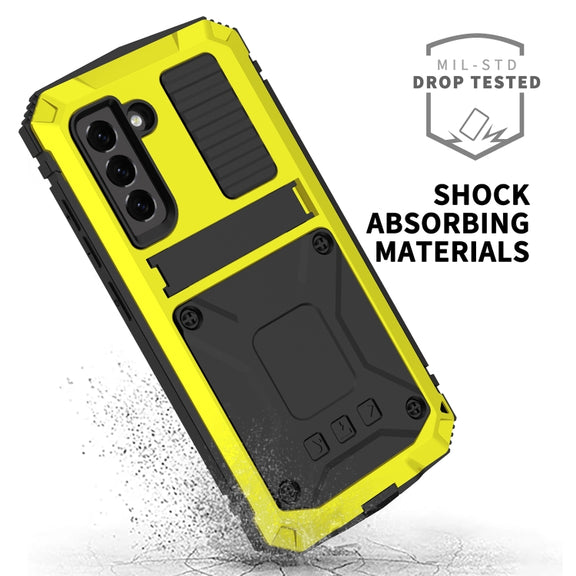 For Samsung Galaxy S21 FE R-JUST Shockproof Water-resistant Dust-proof Metal + Silicone Protective Case with Holder(Yellow)