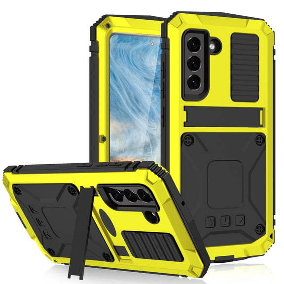 For Samsung Galaxy S21 FE R-JUST Shockproof Water-resistant Dust-proof Metal + Silicone Protective Case with Holder(Yellow)