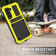 For Samsung Galaxy S21 FE R-JUST Shockproof Water-resistant Dust-proof Metal + Silicone Protective Case with Holder(Yellow)