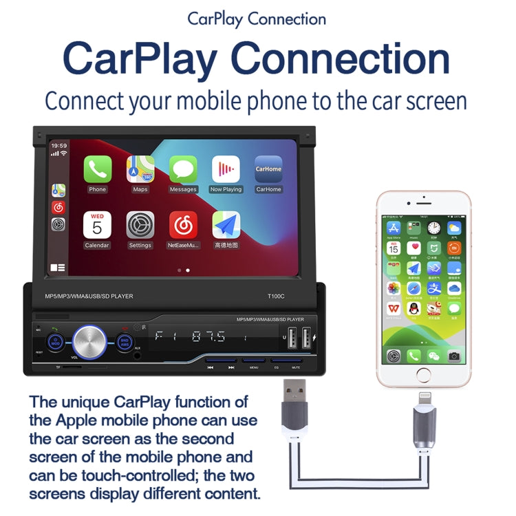 T100C 7 inch Manually Retractable Screen Car MP5 Player Radio, Support Mirror Link & FM & TF Card & USB & Bluetooth Hand-free Calling & Reversing Trajectory System & CayPlay Connection
