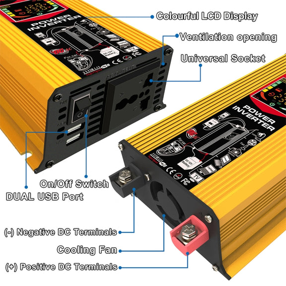 Tang III Generation 12V to 110V 6000W Modified Square Wave Car Power Inverter with LCD Display & Dual USB(Yellow)