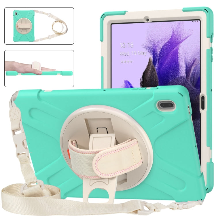 For Samsung Galaxy Tab S7 FE T730 / S7+ / S9+ /S8+ Silicone + PC Protective Case with Holder & Shoulder Strap(Mint Green)