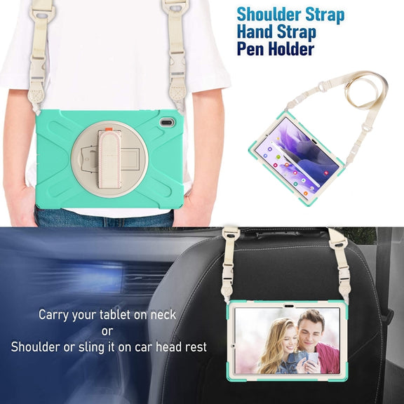 For Samsung Galaxy Tab S7 FE T730 / S7+ / S9+ /S8+ Silicone + PC Protective Case with Holder & Shoulder Strap(Mint Green)