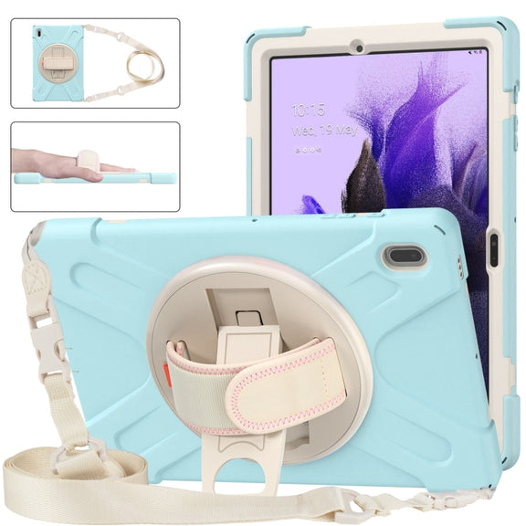 For Samsung Galaxy Tab S7 FE T730 / S7+ / S9+ /S8+ Silicone + PC Protective Case with Holder & Shoulder Strap(Ice Blue)