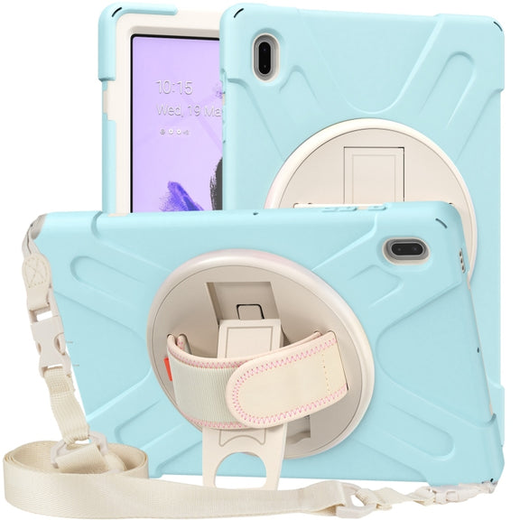 For Samsung Galaxy Tab S7 FE T730 / S7+ / S9+ /S8+ Silicone + PC Protective Case with Holder & Shoulder Strap(Ice Blue)