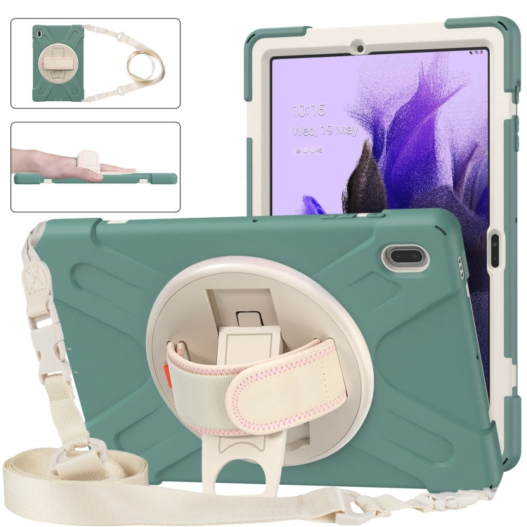 For Samsung Galaxy Tab S7 FE T730 / S7+ / S9+ /S8+ Silicone + PC Protective Case with Holder & Shoulder Strap(Emerald Green)