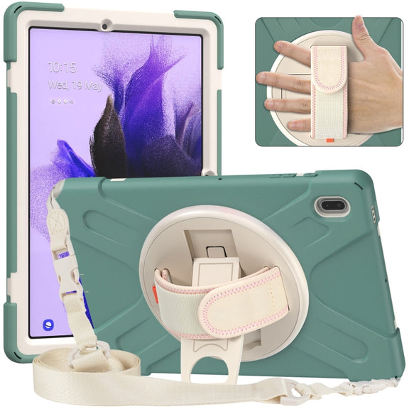 For Samsung Galaxy Tab S7 FE T730 / S7+ / S9+ /S8+ Silicone + PC Protective Case with Holder & Shoulder Strap(Emerald Green)
