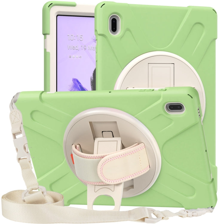 For Samsung Galaxy Tab S7 FE T730 / S7+ / S9+ /S8+ Silicone + PC Protective Case with Holder & Shoulder Strap(Matcha Green)