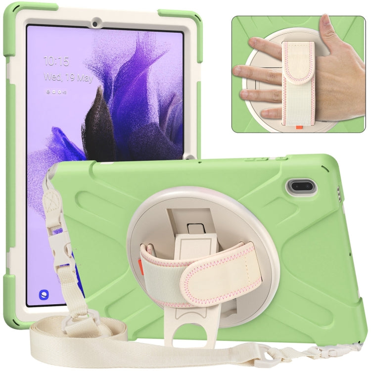 For Samsung Galaxy Tab S7 FE T730 / S7+ / S9+ /S8+ Silicone + PC Protective Case with Holder & Shoulder Strap(Matcha Green)