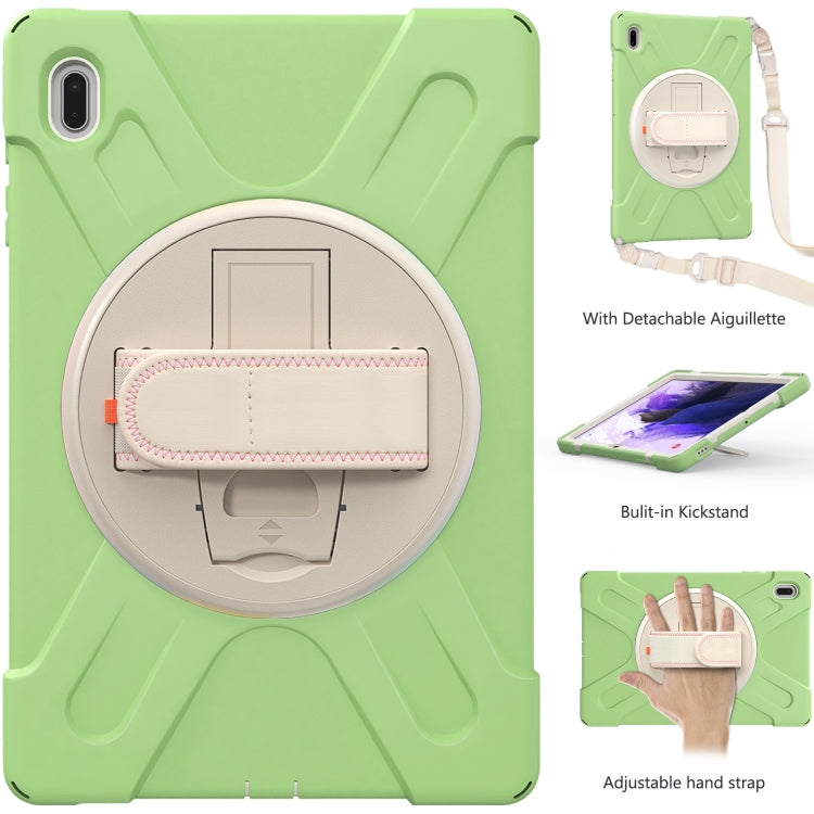 For Samsung Galaxy Tab S7 FE T730 / S7+ / S9+ /S8+ Silicone + PC Protective Case with Holder & Shoulder Strap(Matcha Green)