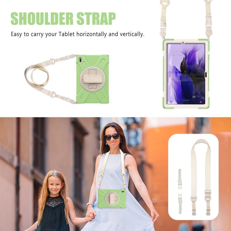 For Samsung Galaxy Tab S7 FE T730 / S7+ / S9+ /S8+ Silicone + PC Protective Case with Holder & Shoulder Strap(Matcha Green)