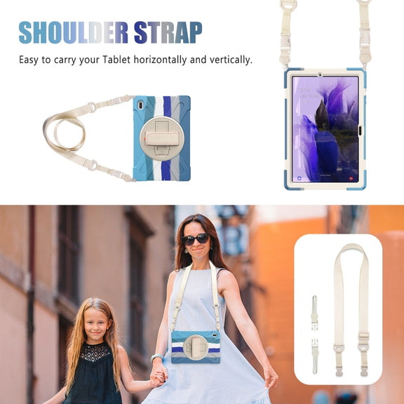 For Samsung Galaxy Tab S7 FE T730 / S7+ / S9+ /S8+ Silicone + PC Protective Case with Holder & Shoulder Strap(Colorful Blue)