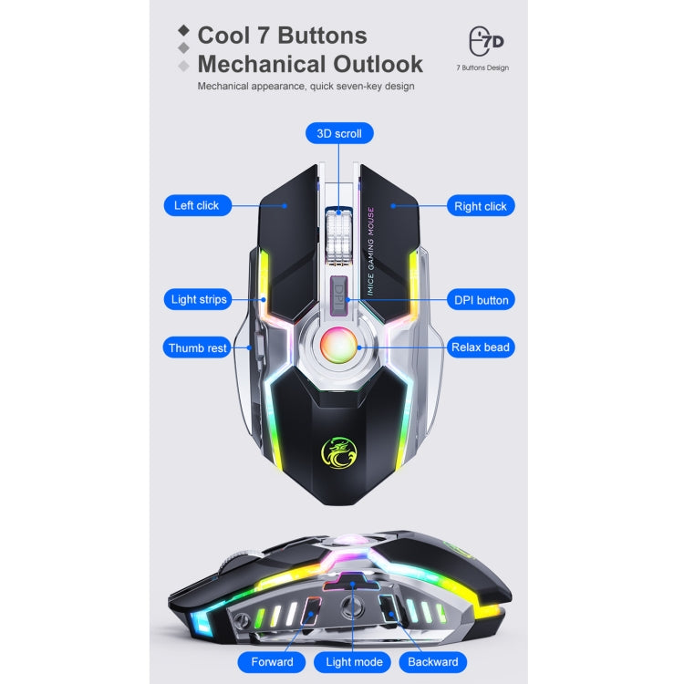 iMICE G7 Colorful Streamer Lights Rechargeable Silent Wireless Mouse(Black)