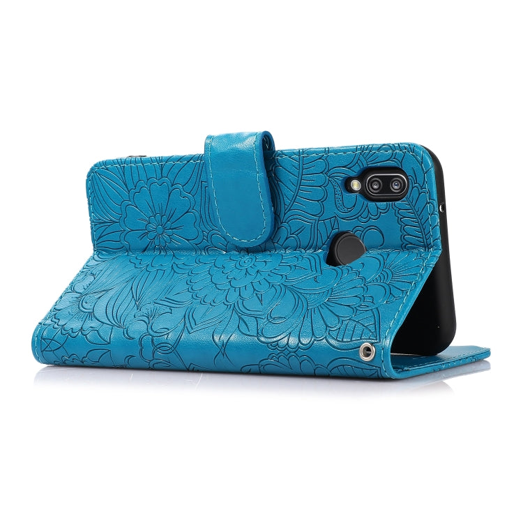 For Huawei P20 lite Skin Feel Embossed Sunflower Horizontal Flip Leather Case with Holder & Card Slots & Wallet & Lanyard(Blue)