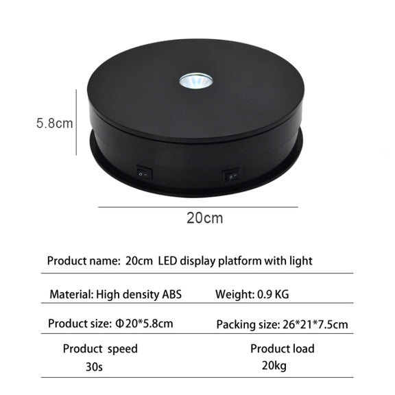 20cm Electric Rotating Turntable Display Stand LED Light Video Shooting Props Turntable, Power Plug:110V US Plug(Black)