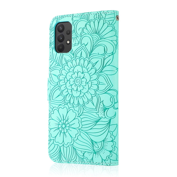 For Samsung Galaxy A32 4G Skin Feel Embossed Sunflower Horizontal Flip Leather Case with Holder & Card Slots & Wallet & Lanyard(Green)