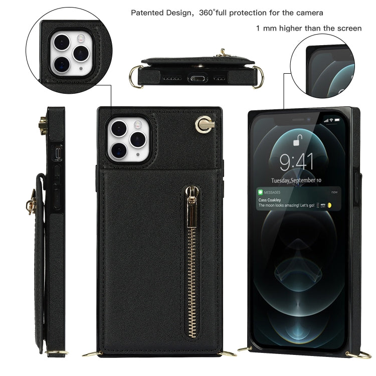 For iPhone 11 Pro Max Cross-body Zipper Square TPU+PU Back Cover Case with Holder & Card Slots & Wallet & Strap (Black)