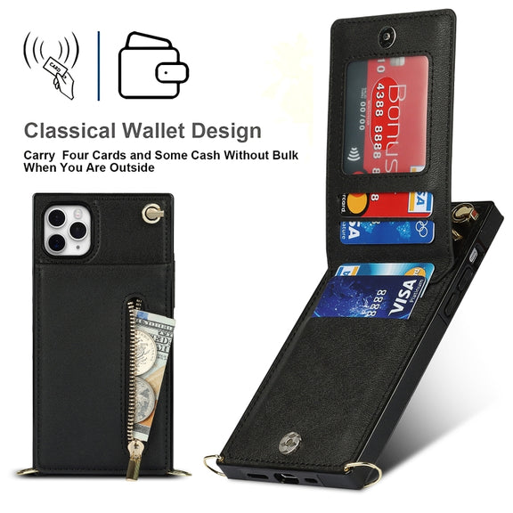 For iPhone 11 Pro Max Cross-body Zipper Square TPU+PU Back Cover Case with Holder & Card Slots & Wallet & Strap (Black)