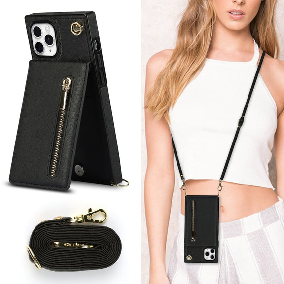 For iPhone 11 Pro Max Cross-body Zipper Square TPU+PU Back Cover Case with Holder & Card Slots & Wallet & Strap (Black)
