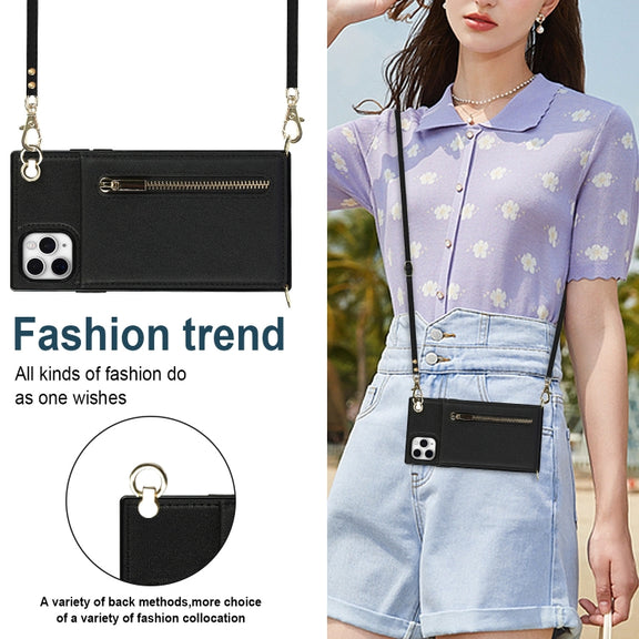 For iPhone 11 Pro Max Cross-body Zipper Square TPU+PU Back Cover Case with Holder & Card Slots & Wallet & Strap (Black)