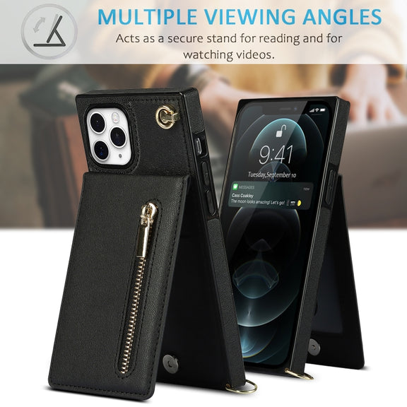 For iPhone 11 Pro Max Cross-body Zipper Square TPU+PU Back Cover Case with Holder & Card Slots & Wallet & Strap (Black)