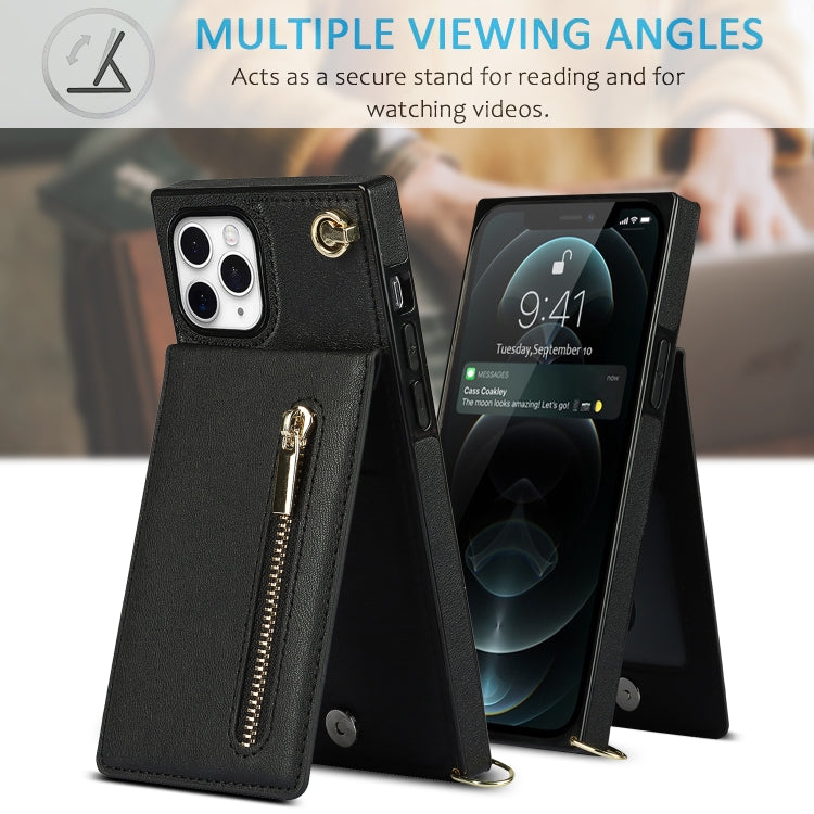 For iPhone 11 Pro Max Cross-body Zipper Square TPU+PU Back Cover Case with Holder & Card Slots & Wallet & Strap (Black)
