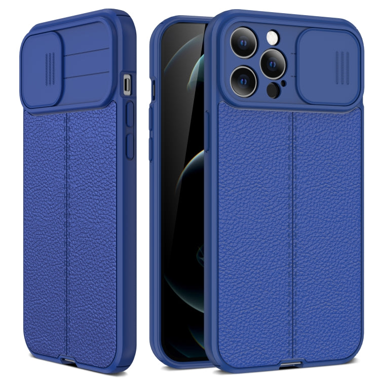 For iPhone 11 Pro Max Litchi Texture Sliding Camshield TPU Protective Case (Blue)