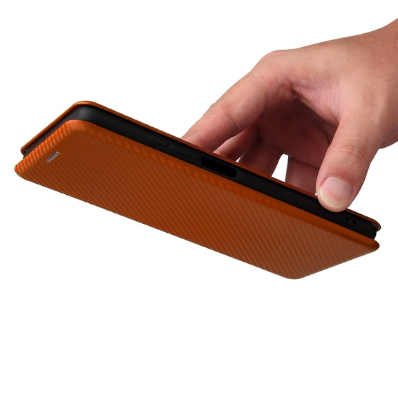 For Blackview A100 Carbon Fiber Texture Horizontal Flip TPU + PC + PU Leather Case with Card Slot(Brown)